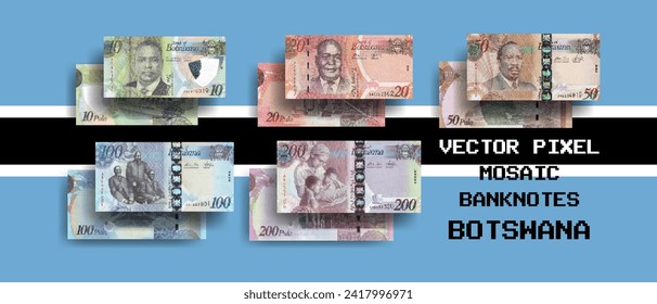 Vector set of pixel mosaic banknotes of Botswana. Collection of notes in denominations of 10, 20, 50, 100 and 200 pula. Obverse and reverse. Play money or flyers.