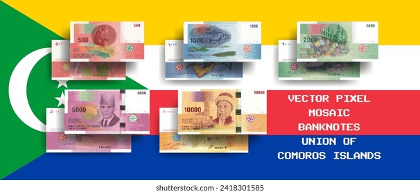 Vector set of pixel mosaic banknotes of Union of Comoros Islands. Collection of notes in denominations of 500, 1000, 2000, 5000 and 10000 francs. Obverse and reverse. Play money or flyers.