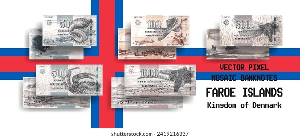 Vector set of pixel mosaic banknotes of Faroe islands. Collection of notes in denominations of 50, 100, 200, 500 and 1000 krones. Obverse and reverse. Play money or flyers.