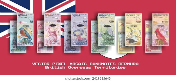 Conjunto vectorial de billetes en mosaico de píxeles de las Bermudas. Recogida de billetes en denominaciones de 2, 5, 10, 20, 50 y 100 dólares. Inverso e inverso. Juega dinero o volantes.