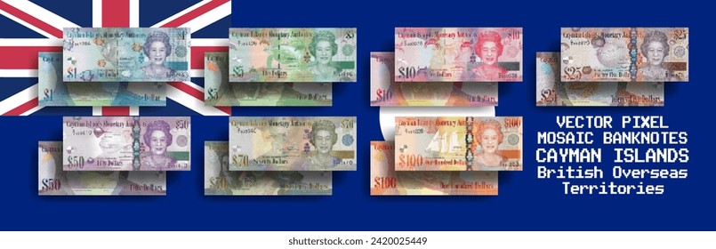 Vector set of pixel mosaic banknotes of Cayman Islands. Collection of notes in denominations of 1, 5, 10, 25, 50, 70 and 100 dollars. Obverse and reverse. Play money or flyers.