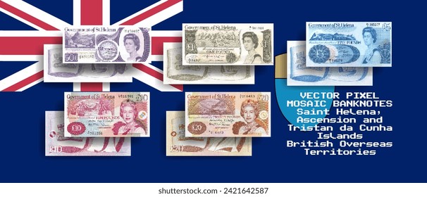 Vector set of pixel mosaic banknotes of Saint Helena. Collection of notes in denominations of 1, 5, 10, 20 pounds and 50 pence. Obverse and reverse. Play money or flyers.