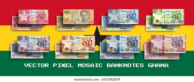 Conjunto de vectores de billetes de mosaico de píxeles de Ghana. Recogida de billetes en las denominaciones 1, 2, 5, 10, 20, 50, 100 y 200 cedi. Inverso e inverso. Juega dinero o volantes.