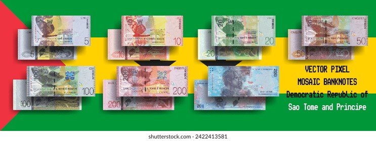 Vector set of pixel mosaic banknotes of Democratic Republic of Sao Tome and Principe. Collection of notes in denominations of 5, 10, 20, 50, 100, and 200 dobras.  Play money or flyers.