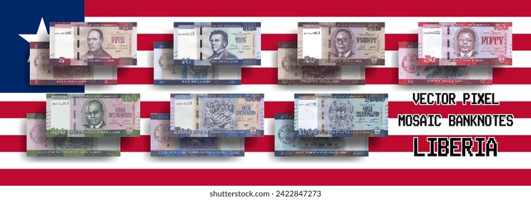 Conjunto de vectores de billetes de mosaico de píxeles de Liberia. Recogida de billetes en denominaciones de 5, 10, 20, 50, 100, 500 y 1000 dólares. Inverso e inverso. Juega dinero o volantes.