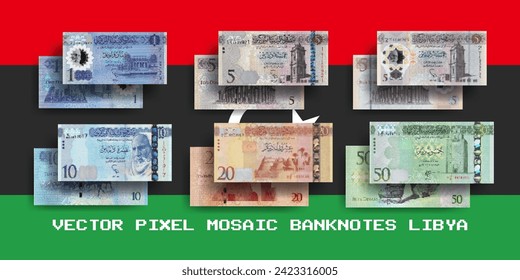 Vector set of pixel mosaic banknotes of Libya. Collection of notes in denominations of 1, 5, 10, 20 and 50 dinars. Obverse and reverse. Play money or flyers.