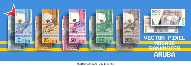 Vector set of pixel mosaic banknotes of Aruba. Collection of notes in denominations of 10, 25, 50, 100, 200 and 500 florins. Obverse and reverse. Play money or flyers.