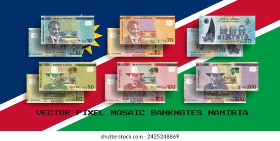 Conjunto de vectores de mosaicos de píxeles de los billetes de Namibia. Colección de billetes en denominaciones de 10, 20, 30, 50, 100 y 200 dólares namibios. Anverso y reverso. Juega al dinero o a los volantes.