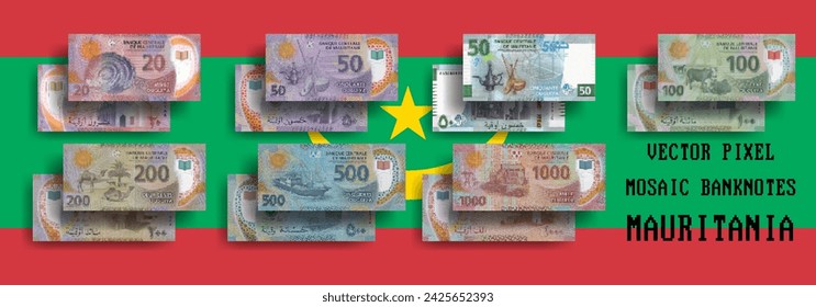 Vector set of pixel mosaic banknotes of Mauritania. Collection of notes in denominations of 20, 50, 100, 200, 500 and 1000 ouguiya. Obverse and reverse. Play money or flyers.