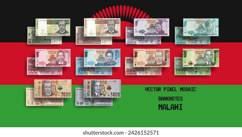 Vector set of pixel mosaic banknotes of Malawi. Collection of notes in denominations of 5, 10, 20, 50, 100, 200, 500, 1000, 2000 and 5000 kwacha. Obverse and reverse. Play money or flyers.