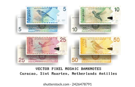 Vector set of pixel mosaic banknotes of Curacao, Sint Maarten, Netherlands Antilles. Collection of notes in denominations of 5, 10, 25, 50 and 100 gulden. Play money or flyers.