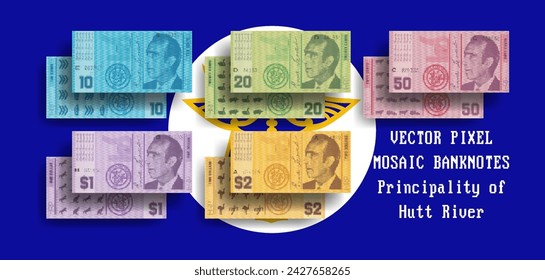 Vector set of pixel mosaic banknotes of The Principality of Hutt River. Collection of notes in denominations of 10, 20, 50 cents and 1, 2 dollars. Obverse and reverse. Play money or flyers.