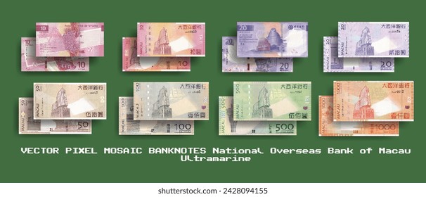 Vector set of pixel mosaic banknotes of National Overseas Bank of Macau. Ultramarine. Collection of notes in denominations of 10, 20, 50, 100, 500 and 1000 patacas. Play money or flyers.