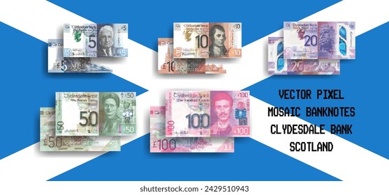 Vektor-Satz von Pixel-Mosaik-Banknoten von Clydesdale Bank Scotland. Sammlung von Banknoten in Stückelungen von 5, 10, 20, 50 und 100 Pfund. Vorwärts und rückwärts. Spielen Sie Geld oder Flyer.