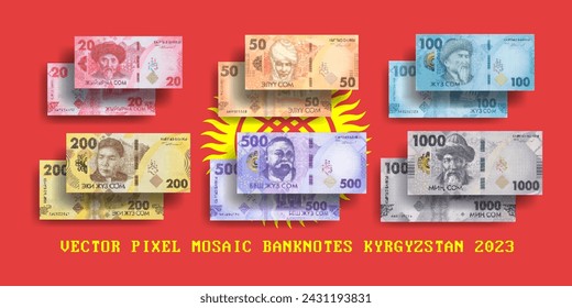 Conjunto de vectores de mosaicos de píxeles de billetes 2023 de Kirguistán. Recogida de billetes en denominaciones de 20, 50, 100, 200, 500 y 1000 soms. Anverso y reverso. Juega al dinero o a los volantes.