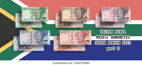 Vector set of pixel mosaic banknotes of South Africa. Collection of notes in denominations of 10, 20, 50, 100 and 200 rands. Obverse and reverse. Play money or flyers. Part 2