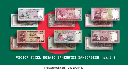 Vector set pixel mosaic banknotes of Bangladesh. Collection notes of 25, 40, 50 taka denomination. Obverse and reverse. Play money or flyers. Part 2