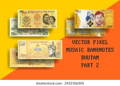 Vector set of pixel mosaic banknotes of Bhutan. Collection of bills in denominations of 100 and 1000 ngultrum. Play money or flyers. Part 2