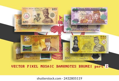 Conjunto de vectores pixel mosaico billetes de Brunei. Billetes de colección de 20, 25 y 50 ringgit de denominación. Anverso y reverso. Juega al dinero o a los volantes. Parte 2