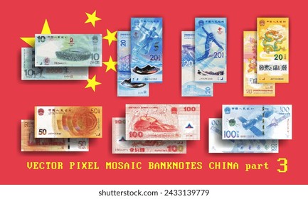 Vector set pixel mosaic banknotes of China. Collection notes of 10, 20, 50 and 100 yuan denomination. Obverse and reverse. Play money or flyers. Part 3