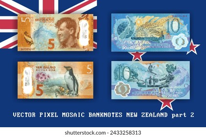 Vector set pixel mosaic banknotes of New Zealand. Collection notes of 5 and 10 dollars denomination. Obverse and reverse. Play money or flyers. Part 2