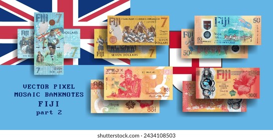 Vector set pixel mosaic banknotes of Fiji. Collection notes of 88, 100 cents and 7, 50 dollars. Obverse and reverse. Play money or flyers. Part 2
