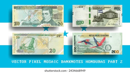 Vector set of pixel mosaic banknotes of Honduras. Collection of notes in denominations of 20 and 200 lempiras. Play money or flyers. Part 2