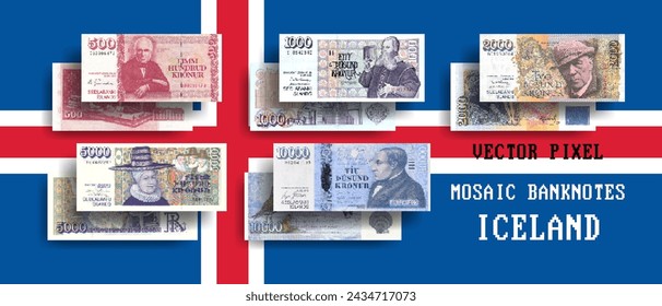 Conjunto de vectores de mosaicos de píxeles de billetes de Islandia. Recogida de billetes en denominaciones de 500, 1000, 2000, 5000 y 10000 coronas. Juega al dinero o a los volantes.