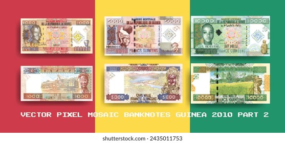 Conjunto de vectores de mosaicos de píxeles de la República de Guinea. Recogida de billetes de 1000, 5000 y 10000 francos. Juega al dinero o a los volantes. Parte 2