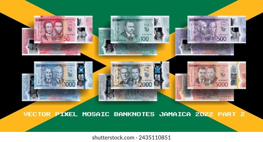 Vector set of pixel mosaic banknotes of Jamaica. Collection of notes in denominations of 50, 100, 500, 1000, 2000 and 5000 dollars 2022. Play money or flyers. Part 2