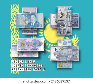 Vector set of pixel mosaic banknotes of Kazakhstan. Collection of bills in denominations of 10000 and 20000 tenge. Play money or flyers. Obverse and reverse. Part 3