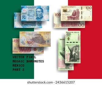 Vector set pixel mosaic banknotes of United States of Mexico. Collection notes in denominations of 20, 100 and 200 pesos. Play money or flyers. Obverse and reverse. Part 2