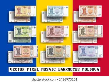 Vector set Pixel Mosaik Banknoten von Moldawien. Inkasso-Scheine in den Stückelungen 1, 5, 10, 20, 50, 100, 200, 500 und 1000 Lei. Spielen Sie Geld oder Flyer. Vorwärts und rückwärts.