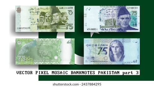 Conjunto de vectores de mosaicos de píxeles de billetes de Pakistán. Billetes de recogida en denominaciones de 75 rupias 2022 y 2023. Juega al dinero o a los volantes. Anverso y reverso. Parte 3