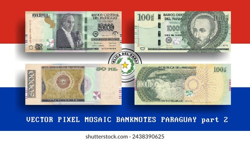 Conjunto de vectores de mosaicos de píxeles de billetes de Paraguay. Billetes de colección en denominaciones de 50000 y 100000 guaraníes. Juega al dinero o a los volantes. Anverso y reverso. Parte 2