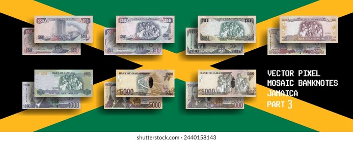 Conjunto de vectores de mosaicos de píxeles de billetes de Jamaica. Recogida de billetes en denominaciones de 50, 100, 500, 1000 y 5000 dólares. Anverso y reverso. Juega al dinero o a los volantes. Parte 3
