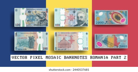 Vektor-Satz von Pixel-Mosaik-Banknoten von Rumänien. Sammlung von Banknoten in den Stückelungen 100 und 2000 Lei. Vorwärts und rückwärts. Spielen Sie Geld oder Flyer. Teil 2