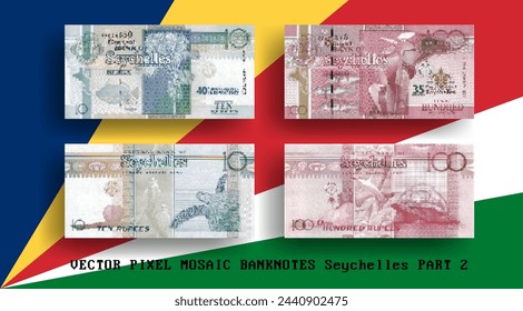 Conjunto de vectores de mosaicos de píxeles de los billetes de Seychelles. Recogida de billetes en denominaciones de 10 y 100 rupias. Anverso y reverso. Juega al dinero o a los volantes. Parte 2