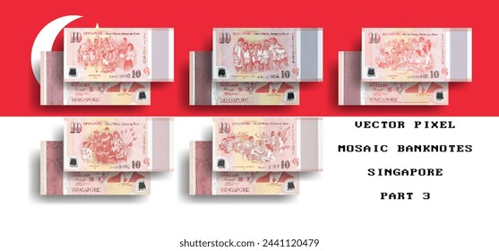 Vektor-Satz von Pixel-Mosaik-Banknoten von Singapur. Einzug von Banknoten in Stückelungen von 10 Dollar 2015. Vorwärts und rückwärts. Spielen Sie Geld oder Flyer. Teil 3