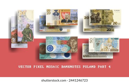 Vector set of pixel mosaic banknotes of Poland. Collection of notes in denominations of 20 and 50 zloty. Obverse and reverse. Play money or flyers. Part 4