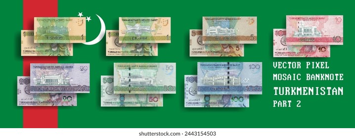 Conjunto de vectores de mosaicos de píxeles de billetes de Turkmenistán. Billetes de colección en denominaciones de 1, 5, 10, 20, 50 y 100 manat. Anverso y reverso. Juega al dinero o a los volantes. Parte 2