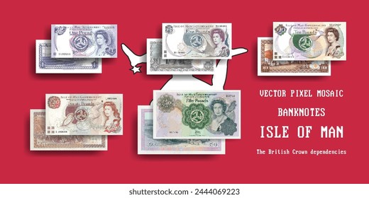 Conjunto de Vectores de mosaico de píxeles de la Isla de Man. Colección de billetes de 1, 5, 10, 20 y 50 libras. Anverso y reverso. Juega al dinero o a los volantes.