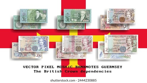 Vector set of pixel mosaic banknotes of Guernsey. Collection of notes in denominations of 1, 5, 10, 20 and 50 pounds. Obverse and reverse. Play money or flyers.