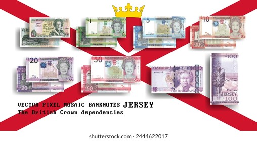 Vector set of pixel mosaic banknotes of Jersey. Collection of notes in denominations of 1, 5, 10, 20, 50 and 100 pounds. Obverse and reverse. Play money or flyers.