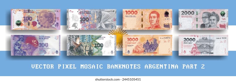 Vector set of pixel mosaic banknotes of Argentina. Collection of notes in denominations of 100, 1000 and 2000 pesos. Obverse and reverse. Play money or flyers. Part 2