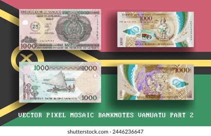 Vector de mosaico de píxeles de Vanuatu. Colección de billetes en denominaciones de 1000 vatu. Anverso y reverso. Juega al dinero o a los volantes. Parte 2