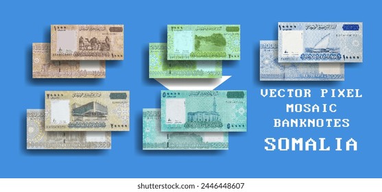 Vector set of pixel mosaic banknotes of Somalia. Collection of notes in denominations of 1000, 2000, 10000, 20000 and 50000 Somali shillings. Obverse and reverse. Play money or flyers.