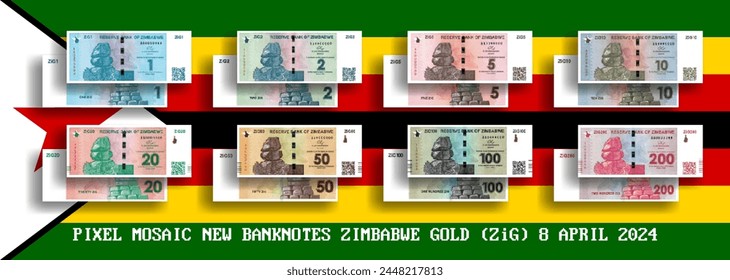 Conjunto de Vectores de mosaico de píxeles de Zimbabwe. Colección de billetes en denominaciones de oro de Zimbabue 1, 2, 5, 10, 20, 50, 100 y 200 ZiG. Anverso y reverso. Juega al dinero o a los volantes. PARTE 2
