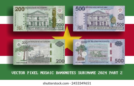 Conjunto de Vectores de mosaico de píxeles de Surinam. Colección de billetes en denominaciones de 200 y 500 dólares 2024. Anverso y reverso. Juega al dinero o a los volantes. Parte 2