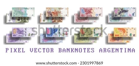 Vector set of pixel mosaic banknotes. Bills in denominations of 5, 10, 20, 50, 100, 200, 500 and 1000 Argentine pesos.